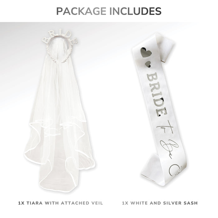 Pearl Sparkly Bride Tiara and Attached 2 Layer Veil and Bride to Be Sash