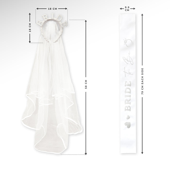Pearl Sparkly Bride Tiara and Attached 2 Layer Veil and Bride to Be Sash