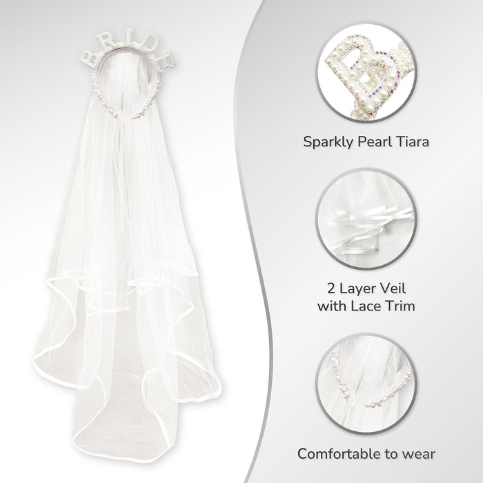 Pearl Sparkly Bride Tiara and Attached 2 Layer Veil and Bride to Be Sash