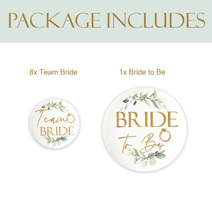 8 Botanical Floral Team Bride Hen Party Badges and 1x White Botanical Floral Bride to Be