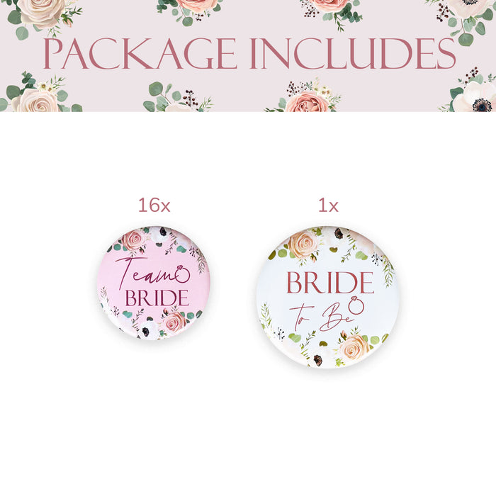 16 Light Pink Floral Team Bride Hen Party Badges and 1x White Floral Bride to Be