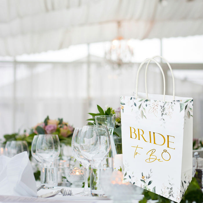 Bride to Be Paper Bag White Botanical with Gold Foil Text Hen Party Team Bride
