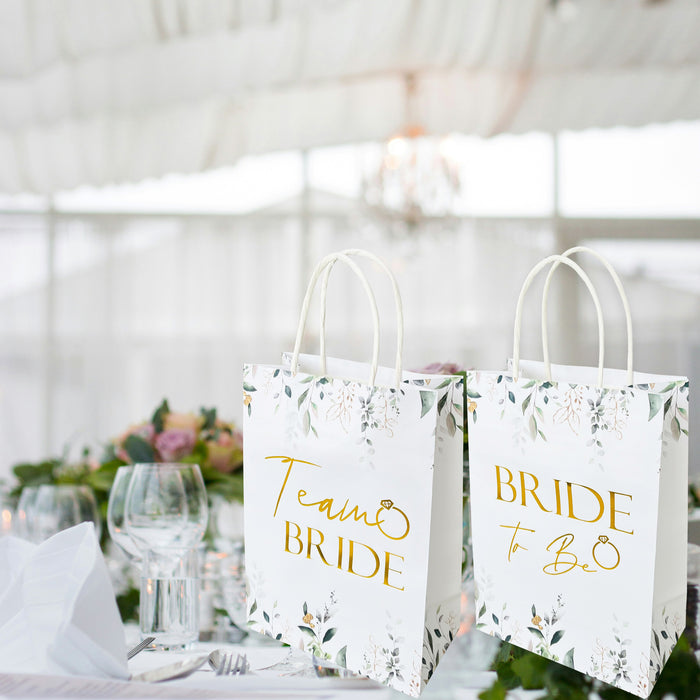 9 Pack Hen Party Bags (8x Team Bride 1x Bride to Be) Paper Bags Botanical with Gold Foil Text