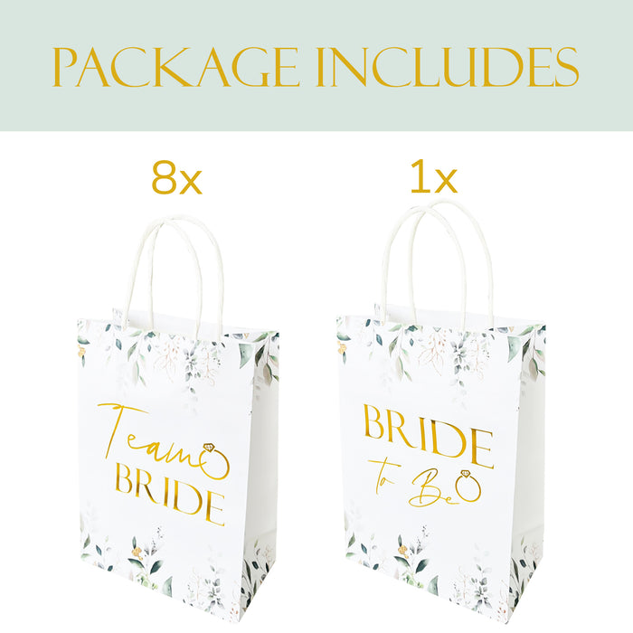 9 Pack Hen Party Bags (8x Team Bride 1x Bride to Be) Paper Bags Botanical with Gold Foil Text