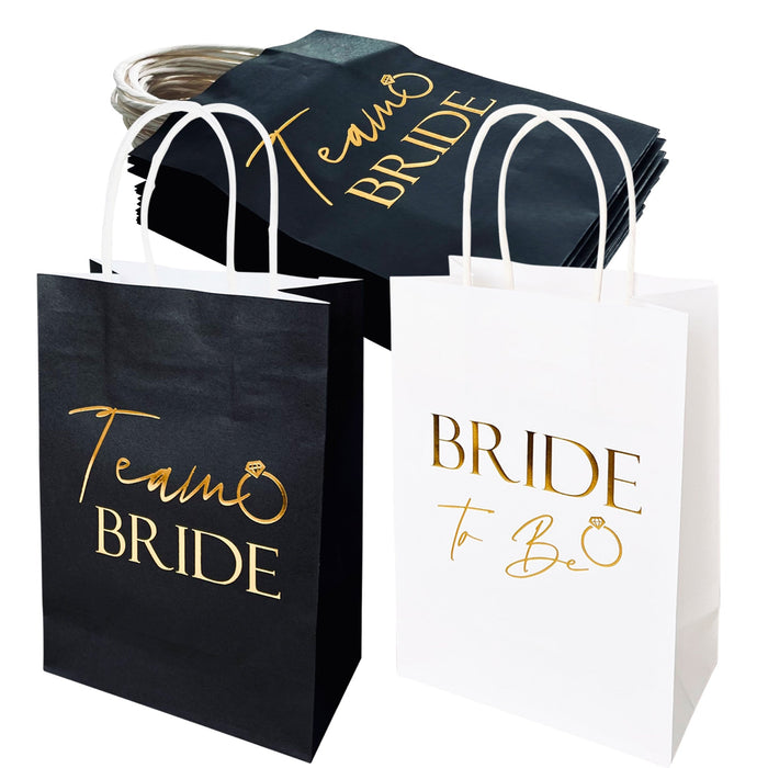 17 Pack Hen Party Bags 16x Team Bride 1x Bride to Be Paper Bags Black and Gold Foil