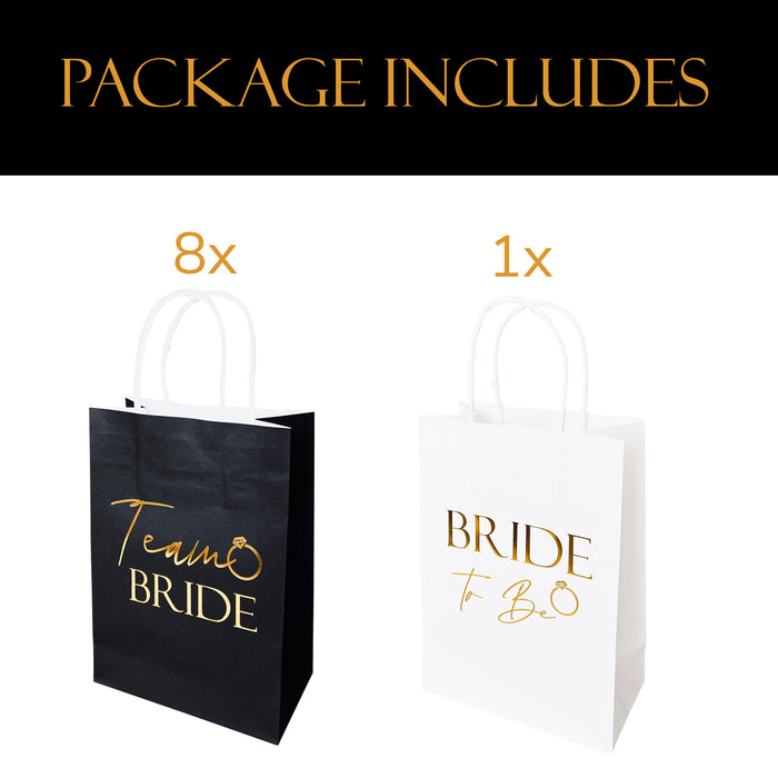 9 Pack Hen Party Bags (8x Team Bride 1x Bride to Be) Paper Bags Black and Gold Foil