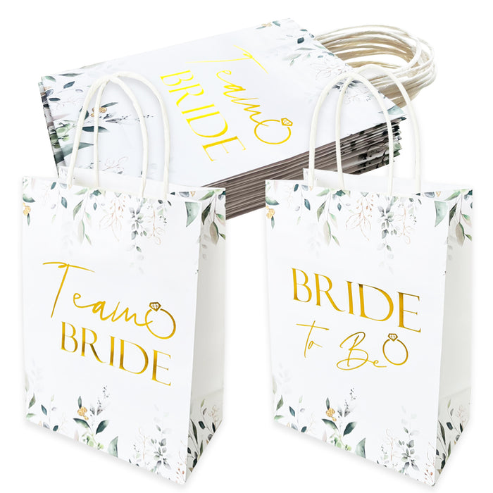 9 Pack Hen Party Bags (8x Team Bride 1x Bride to Be) Paper Bags Botanical with Gold Foil Text