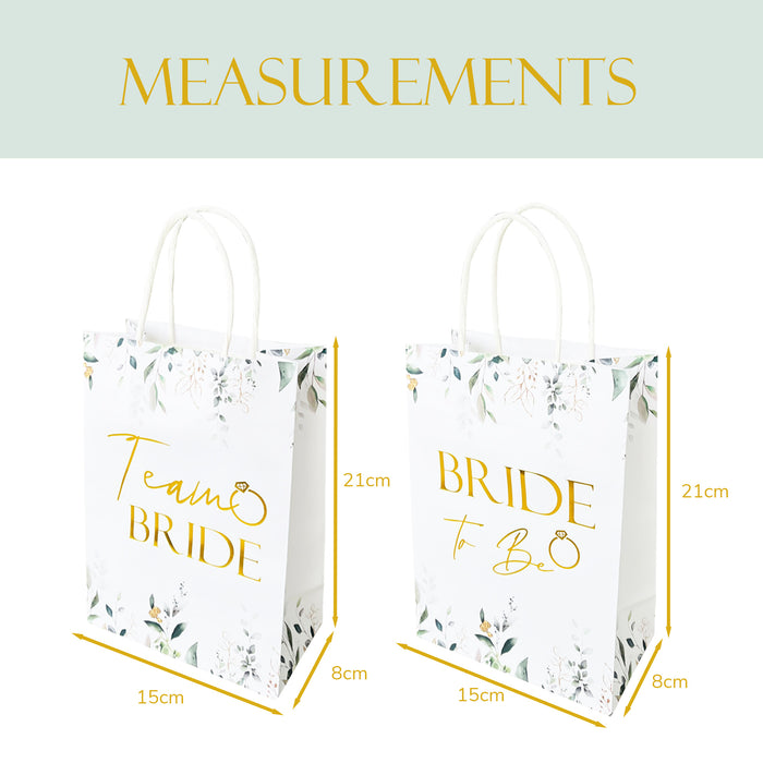 9 Pack Hen Party Bags (8x Team Bride 1x Bride to Be) Paper Bags Botanical with Gold Foil Text