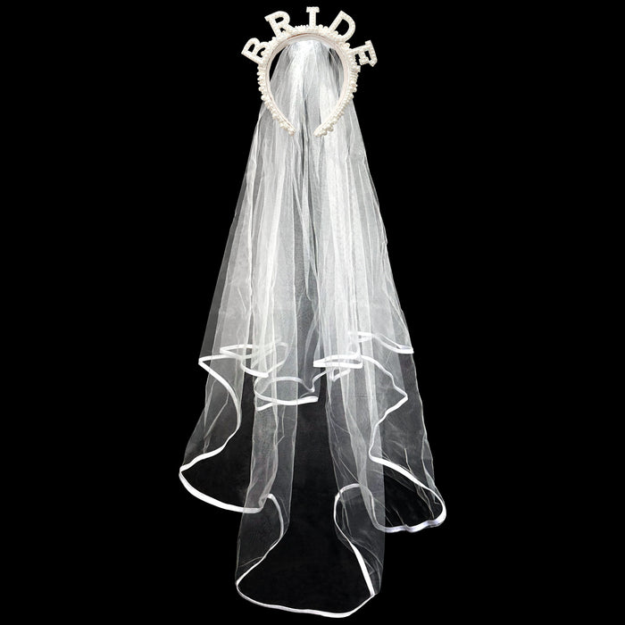 Pearl Sparkly Bride Tiara and Attached 2 Layer Veil and Bride to Be Sash