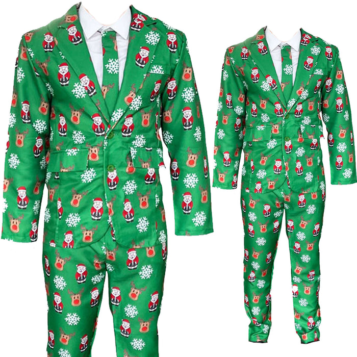 Mens Green Christmas Suit and Tie Set - Reindeer and Santa Claus