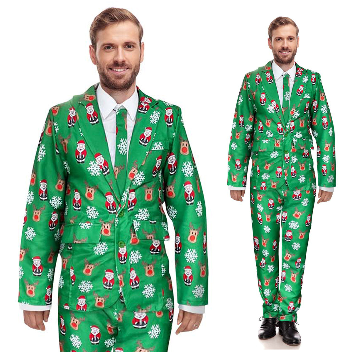 Mens Green Christmas Suit and Tie Set Reindeer and Santa Claus