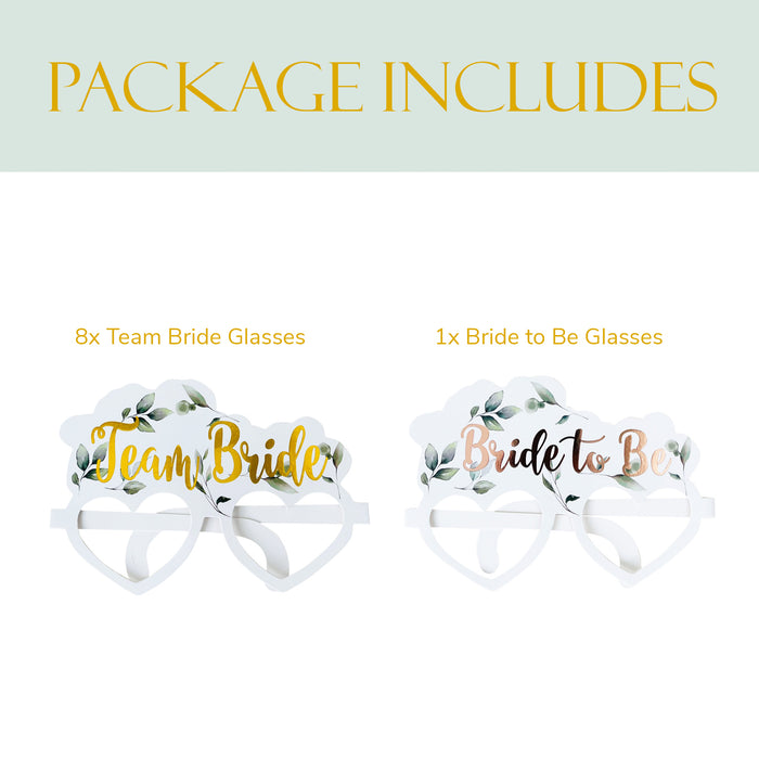 8 Botanical Team Bride Hen Party Card Glasses and 1x White and Gold Bride to Be