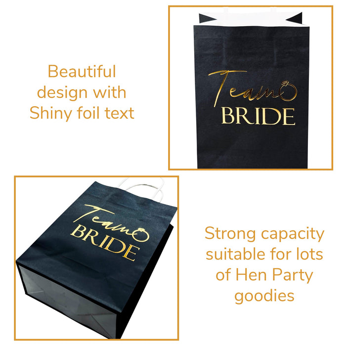 17 Pack Hen Party Bags (16x Team Bride 1x Bride to Be) Paper Bags Black and Gold Foil
