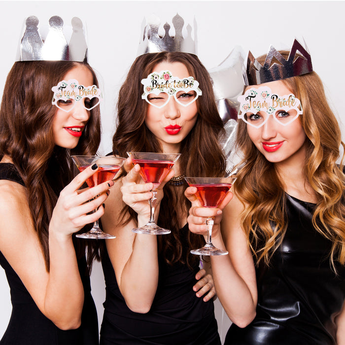 8 Pink Floral Team Bride Hen Party Card Glasses and 1x Bride to Be