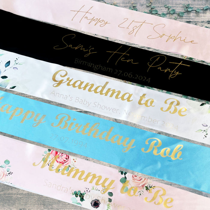 Personalised Custom Sashes Gold Foil Text Hen Party Birthday Baby Shower