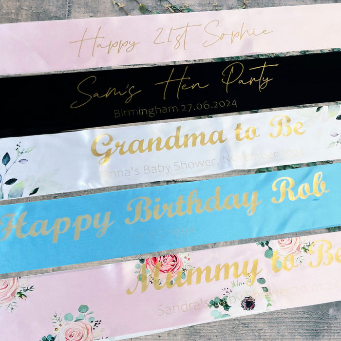 Personalised Custom Sashes Gold Foil Text Hen Party Birthday Baby Shower