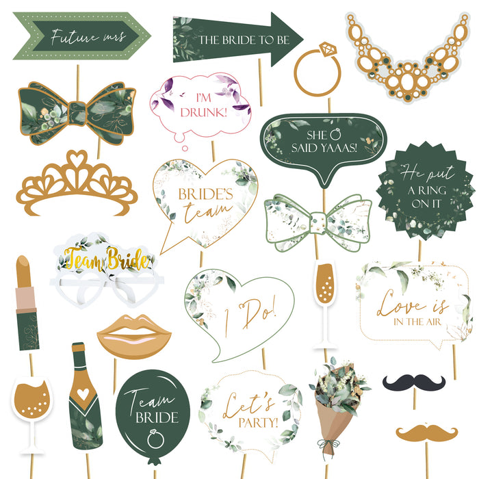 Hen Party Photo Frame and 27 Photo Props Set Botanical Floral Sage Green
