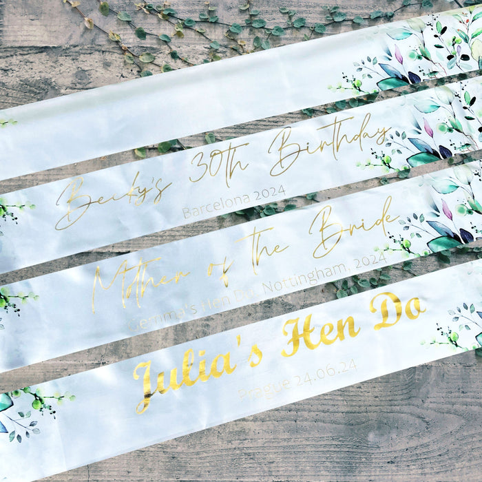 Personalised Custom Sashes Gold Foil Text Hen Party Birthday Baby Shower