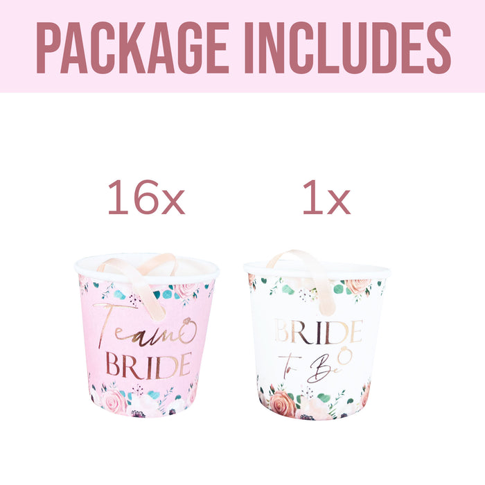 17 Pack Light Pink Floral Paper Shot Glasses (16x Team Bride and 1x Bride to Be White) Rose Gold Foil Text
