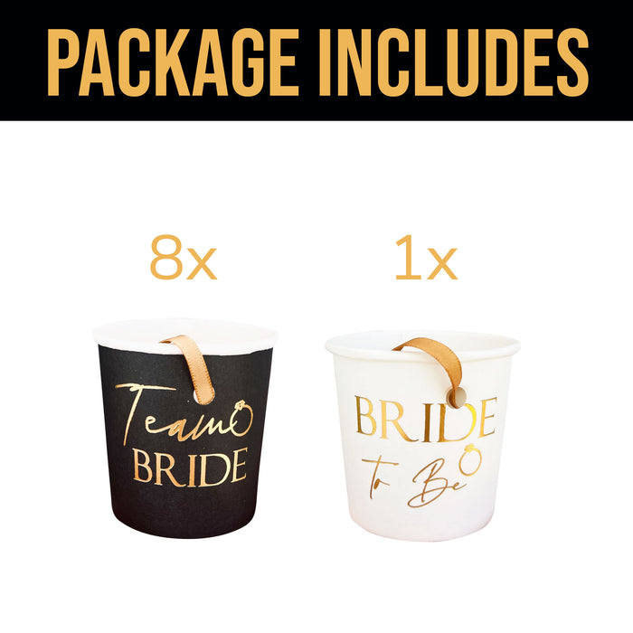 9 Pack Black and Gold Paper Shot Glasses Black and Gold (8x Team Bride and 1x Bride to Be White)