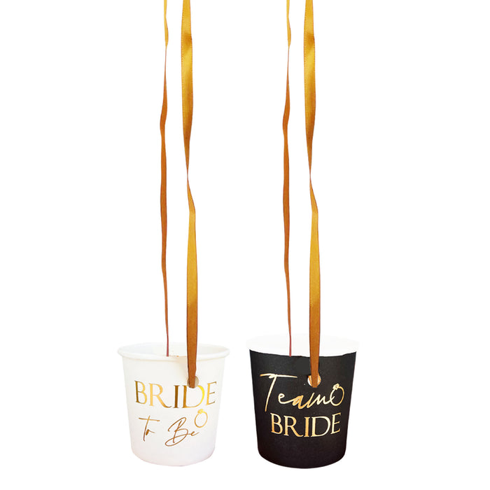 9 Pack Black and Gold Paper Shot Glasses Black and Gold (8x Team Bride and 1x Bride to Be White)