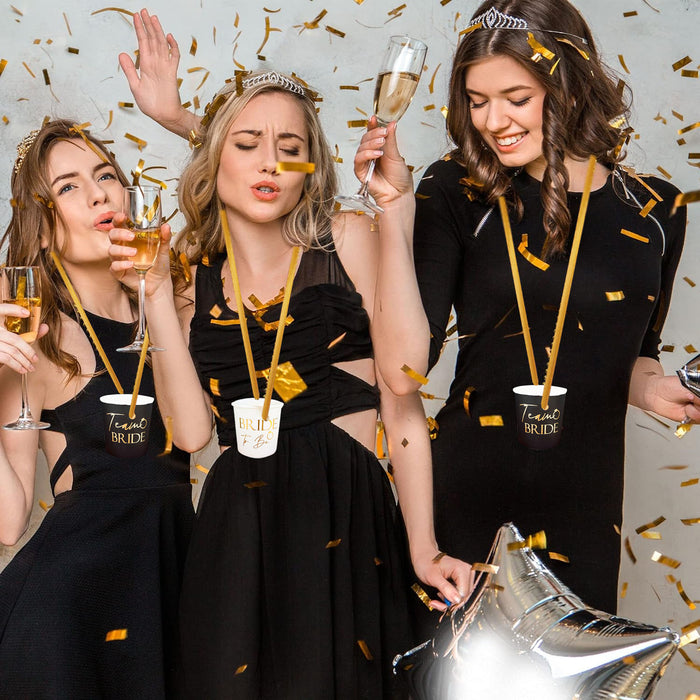 9 Pack Black and Gold Paper Shot Glasses Black and Gold (8x Team Bride and 1x Bride to Be White)
