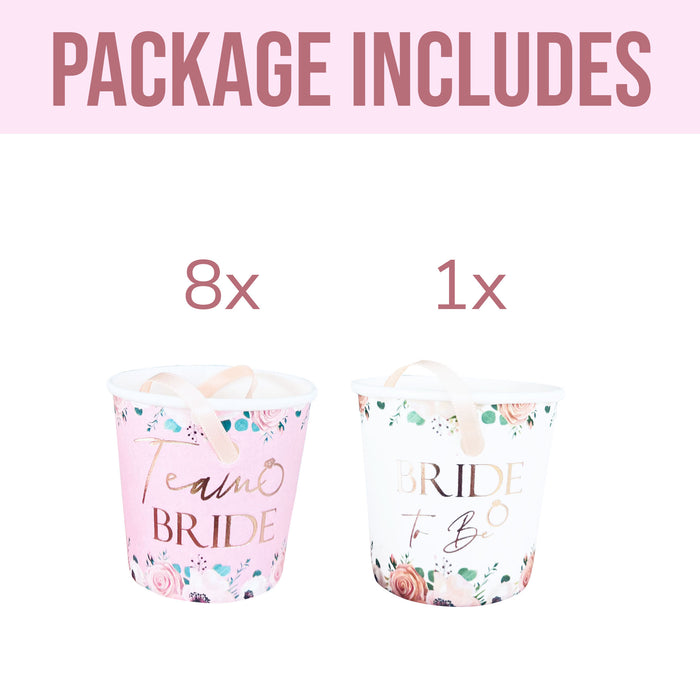 9 Pack Light Pink Floral Paper Shot Glasses (8x Team Bride and 1x Bride to Be White) Rose Gold Foil Text