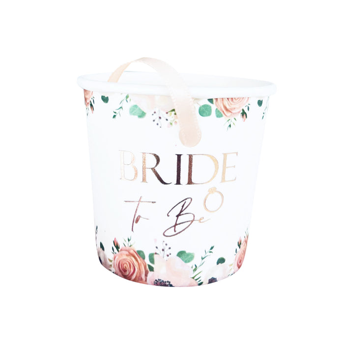 17 Pack Light Pink Floral Paper Shot Glasses (16x Team Bride and 1x Bride to Be White) Rose Gold Foil Text