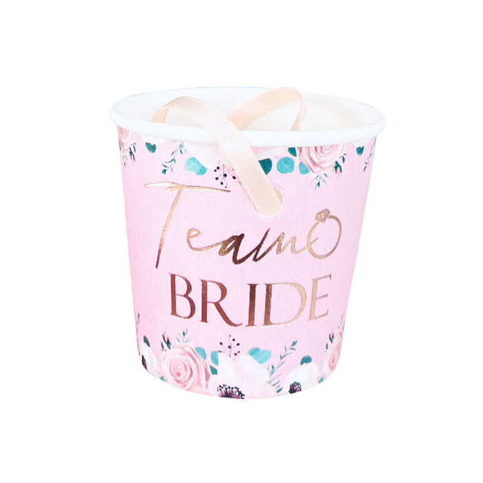 17 Pack Light Pink Floral Paper Shot Glasses (16x Team Bride and 1x Bride to Be White) Rose Gold Foil Text
