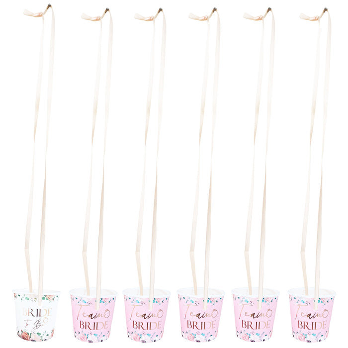 17 Pack Light Pink Floral Paper Shot Glasses (16x Team Bride and 1x Bride to Be White) Rose Gold Foil Text