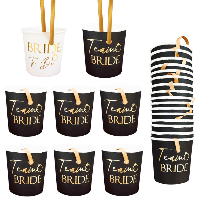 17 Pack Black and Gold Paper Shot Glasses Black and Gold (16x Team Bride and 1x Bride to Be White)