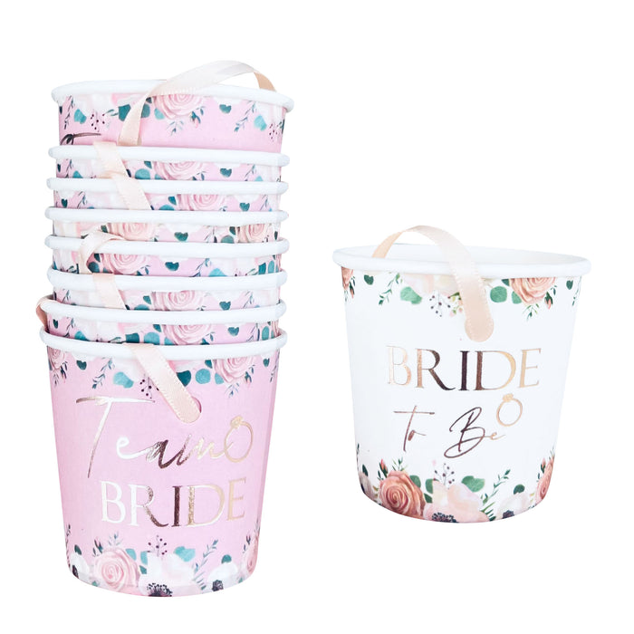 17 Pack Light Pink Floral Paper Shot Glasses (16x Team Bride and 1x Bride to Be White) Rose Gold Foil Text