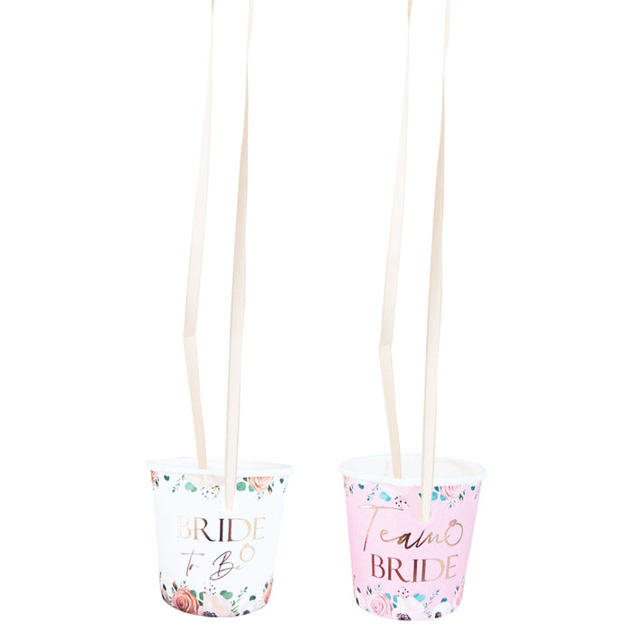 17 Pack Light Pink Floral Paper Shot Glasses (16x Team Bride and 1x Bride to Be White) Rose Gold Foil Text