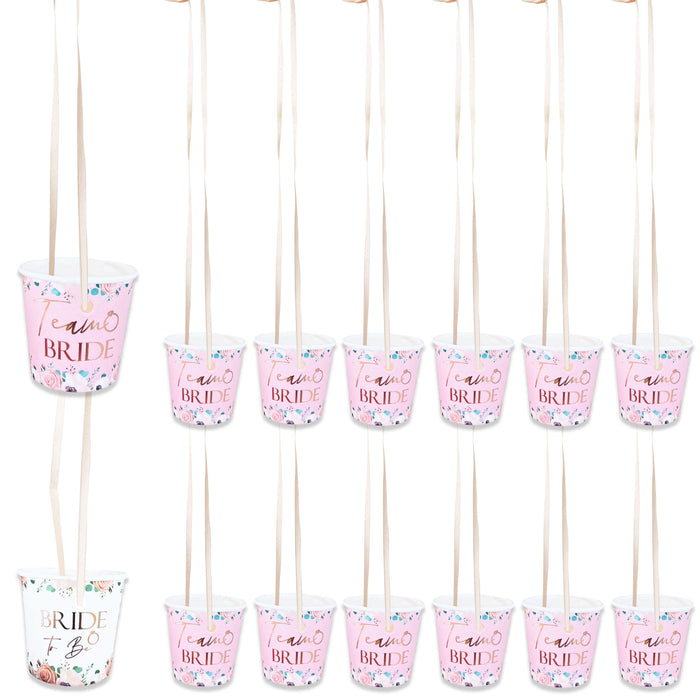 17 Pack Light Pink Floral Paper Shot Glasses (16x Team Bride and 1x Bride to Be White) Rose Gold Foil Text