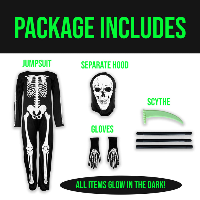 Childrens Kids Glow in the Dark Skeleton Fancy Dress Costume & Scythe 4-12 Years Boys Girls