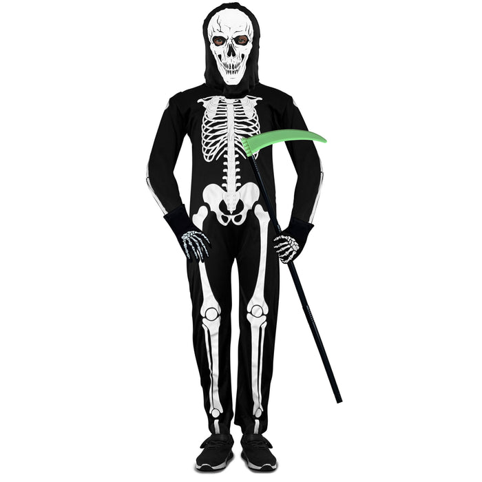 Childrens Kids Glow in the Dark Skeleton Fancy Dress Costume & Scythe 4-12 Years Boys Girls