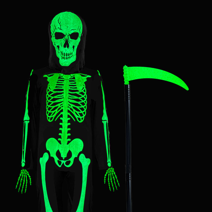 Childrens Kids Glow in the Dark Skeleton Fancy Dress Costume & Scythe 4-12 Years Boys Girls