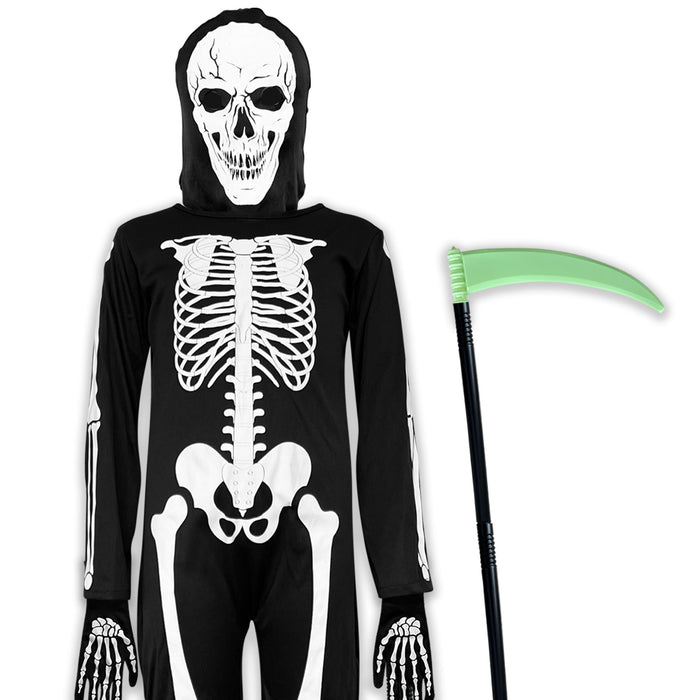 Childrens Kids Glow in the Dark Skeleton Fancy Dress Costume & Scythe 4-12 Years Boys Girls