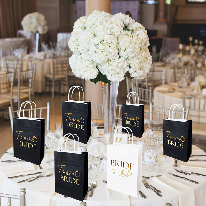 9 Pack Hen Party Bags (8x Team Bride 1x Bride to Be) Paper Bags Black and Gold Foil