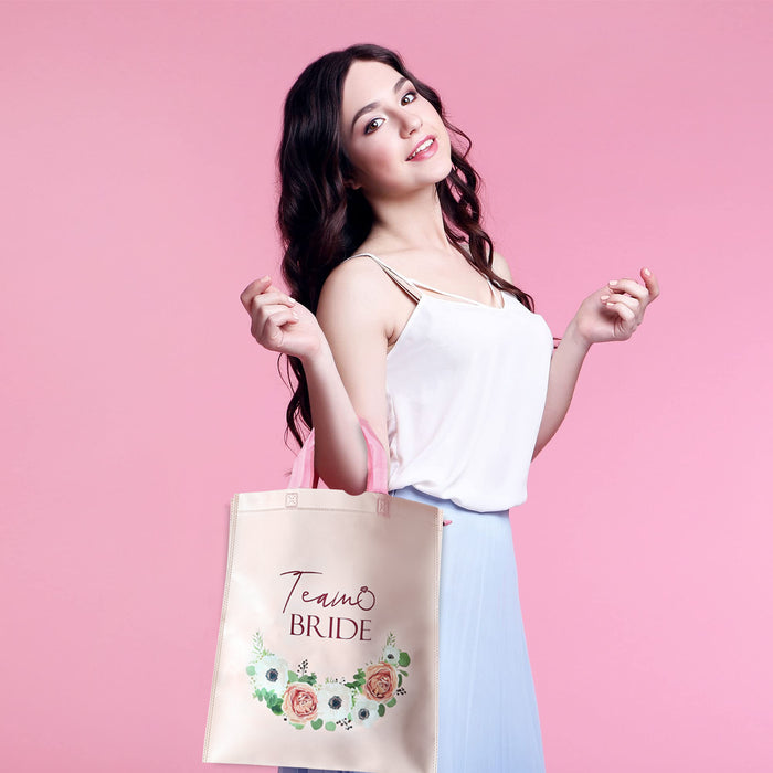 12 Team Bride Tote Bags Light Pink Floral with Rose Gold Text and 1 Bride to Be