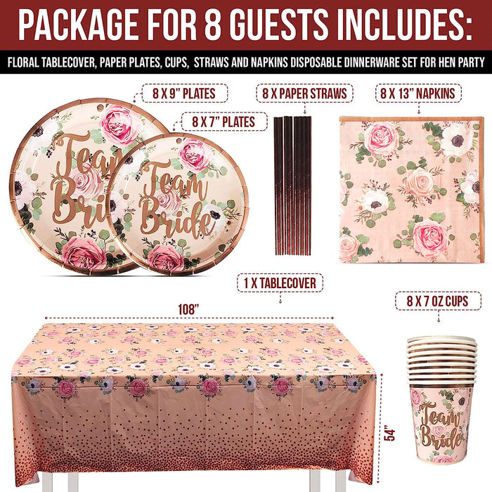 Hen Party Tableware Set for 8 Guests (Cups, Plates, Napkins and Straws) Team Bride