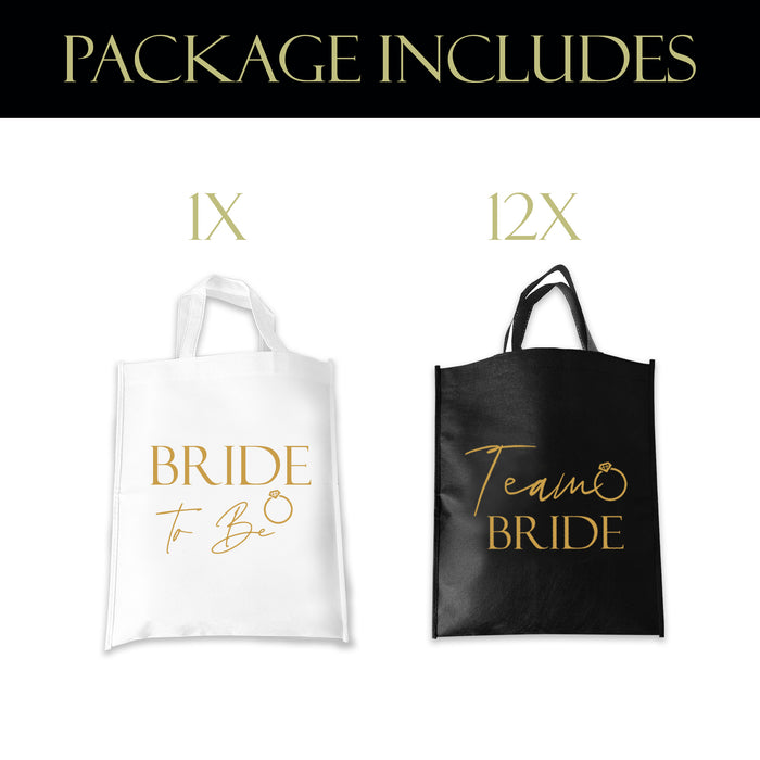 Pack of 12 Team Bride Tote Bags Black and Gold and 1 Bride to Be