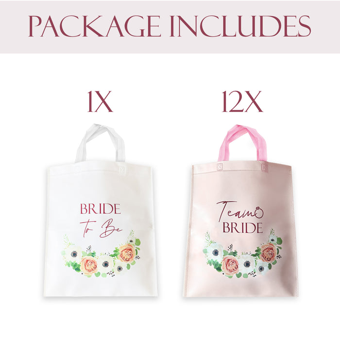 12 Team Bride Tote Bags Light Pink Floral with Rose Gold Text and 1 Bride to Be