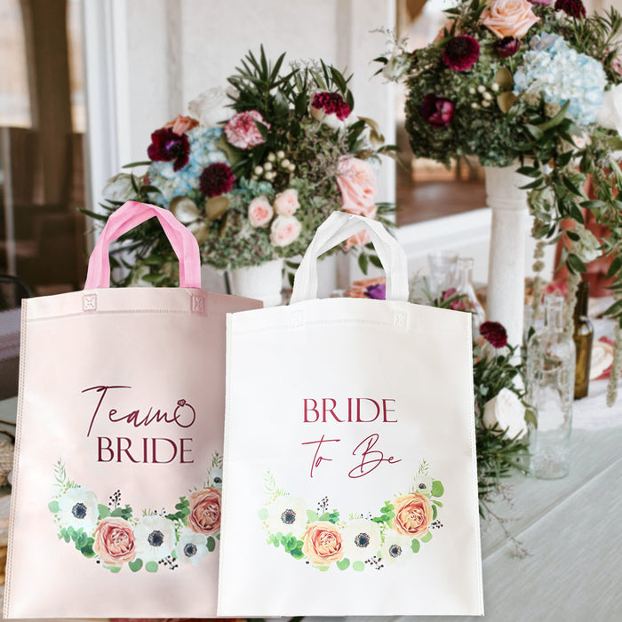 12 Team Bride Tote Bags Light Pink Floral with Rose Gold Text and 1 Bride to Be