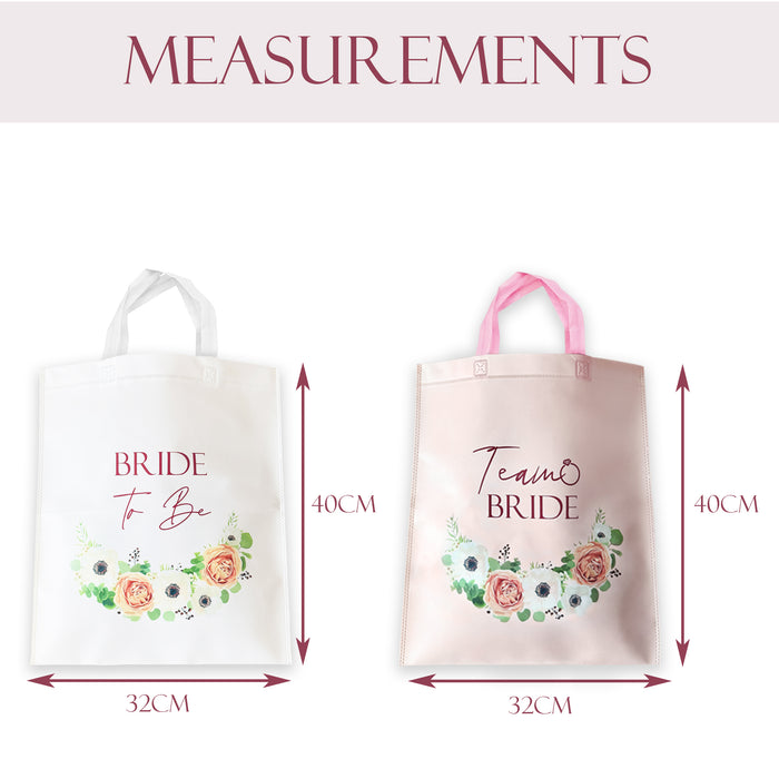 12 Team Bride Tote Bags Light Pink Floral with Rose Gold Text and 1 Bride to Be