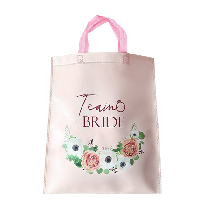 12 Team Bride Tote Bags Light Pink Floral with Rose Gold Text and 1 Bride to Be