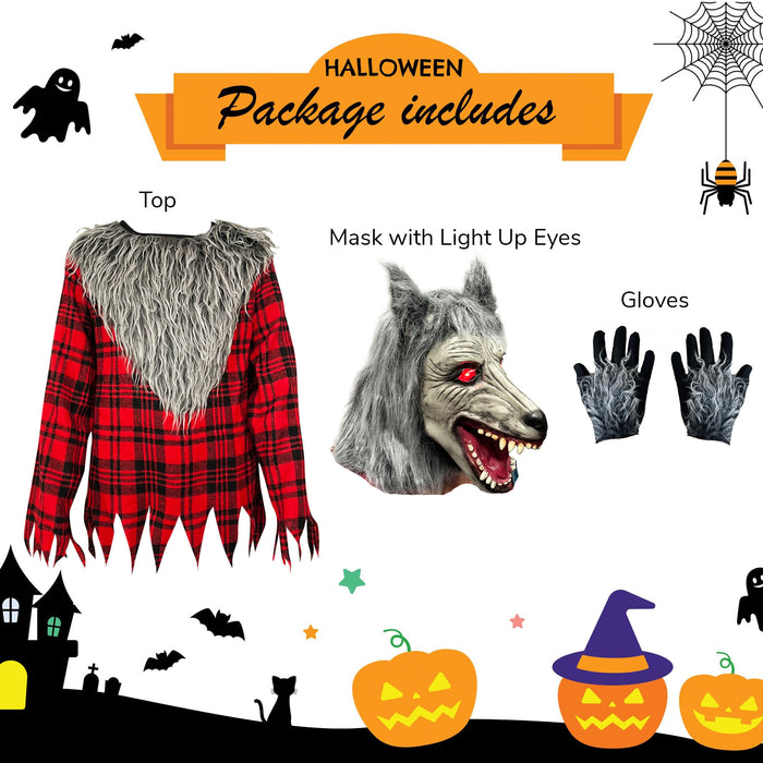 Childrens Kids Glowing Werewolf Wolf Fancy Dress Costume & Mask 7-14 Years Boys Girls
