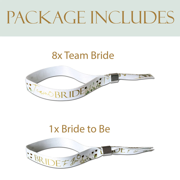 8 Botanical Floral Team Bride Hen Party Wristbands and 1 Bride to Be Wristband