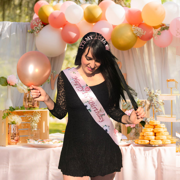 Floral Rose Gold Birthday Tiara and Sash Set