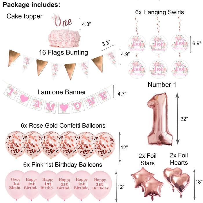 Complete 1st Birthday Decorations Set Pink Floral for Girls with Cake Topper